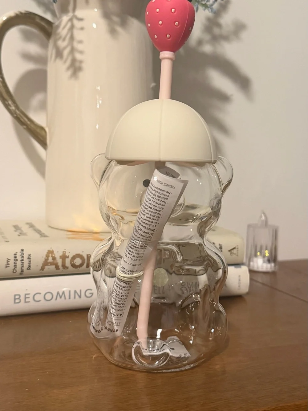 Starbucks Clear Bearista Tumbler with Pink Straw and Cream Cap